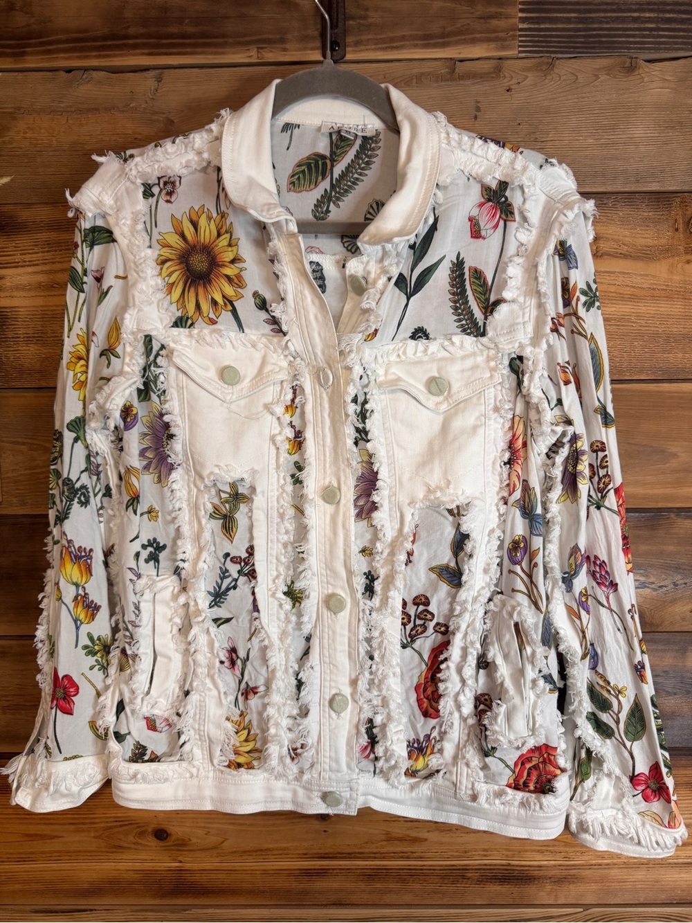 Adore Floral White Distressed Denim Style Jacket - Women’s Size Medium AMAZING!